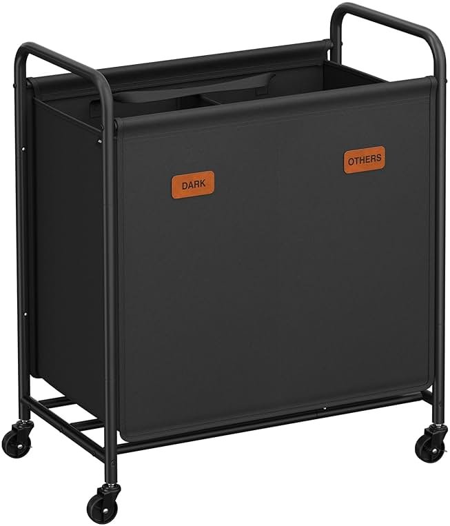 SONGMICS 2-Section Laundry Sorter, Laundry Hamper with Wheels, Rolling Clothes Hamper Cart with Large Capacity and Removable Bags, for Laundry Room, Bedroom, Bathroom, Ink Black URLS210B01 - Product Image
