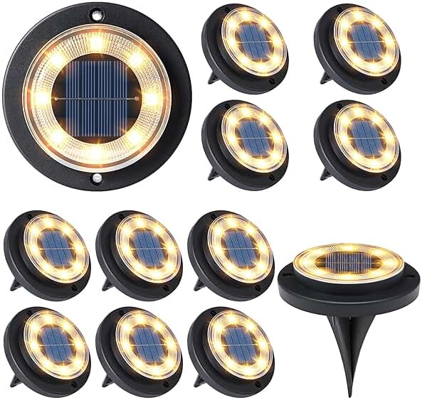 Flacchi Solar Lights Outdoor Waterproof - 2-in-1 Solar Powered Ground Lights Outdoor Solar Disk Light Landscape Light for Deck Step Patio Yard Pathway Walkway Driveway Garden (Warm White, 12 Pack) - Product Image