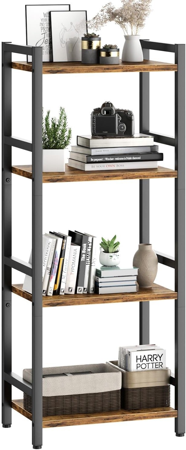 Book Shelf, 4 Tier Bookcase with Steel Frame, Stable Bookshelf Narrow Book Shelves Storage Organizer for Book CD Movie, Open Bookshelves for Living Room, Home Office, Study, Rustic Brown - Product Image