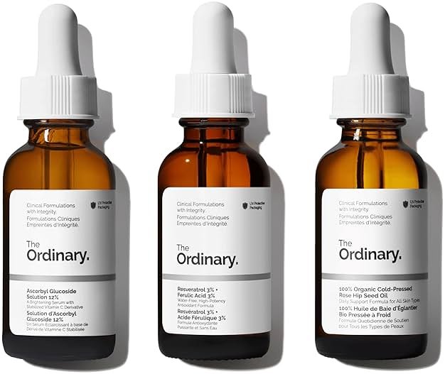 The Ordinary Antioxidant Collection - Skin Care Bundle Set For Age Support - Ascorbyl Glucoside Solution 12%, Resveratrol 3% + Ferulic Acid 3%, 100% Organic Cold-Pressed Rose Hip Seed Oil - Product Image