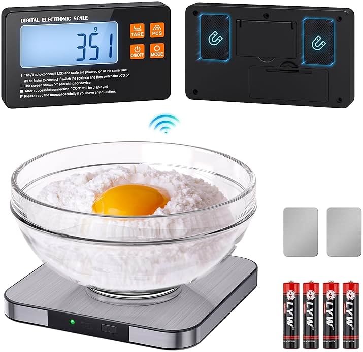 Rechargeable Split Digital Kitchen Food Scale - TRUDIN Weight Scale for Bread Making & Coffee Brewing, Max.22lb/10kg,1g/0.05oz Accuracy,5 Units with Large Backlit LCD,Wall-Mount (Light Silver) - Product Image