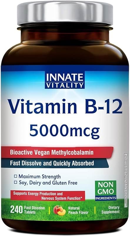 Innate Vitality Vitamin B12 5000mcg, Sublingual, Vegan Methylcobalamin, Fast Dissolve Tablets, Natural Peach Flavor, Supports Energy Production & Healthy Nervous System, 240 Tablets - Product Image
