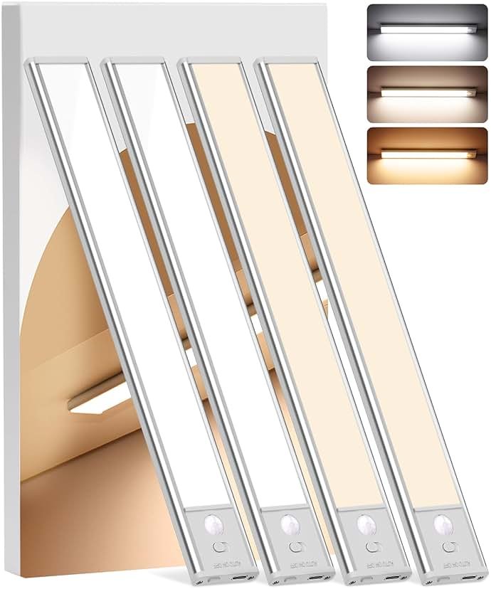 Under Cabinet Lighting Wireless, 4Pack Motion Sensor Light Indoor with 3 Color Temps, Dimmable Closet Lights Battery Operated, LED Magnetic Light, Rechargeable Under Counter Lights for Kitchen Home - Product Image