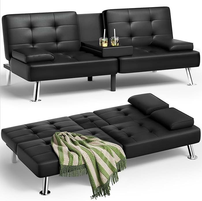 Homall Futon Sofa Bed, Leather Futon Couch with Removable Armrests, Adjustable Recliner Sleeper Sofa Bed with Dual Cup Holders for Living Room, Apartment, Office (Black) - Product Image