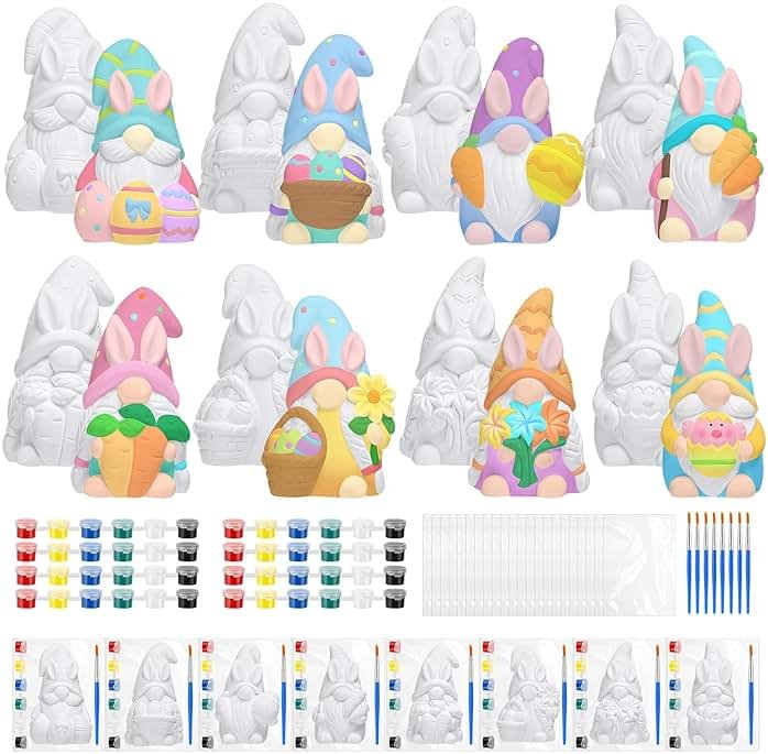 Foilswirl 8 Pcs Easter Gnome Ceramics to Paint Ready to Paint Your Own Ceramic Gnome Statues Easter DIY Unpainted Ceramics Paintable Figurines Kit Crafts with Brush Palette - Product Image