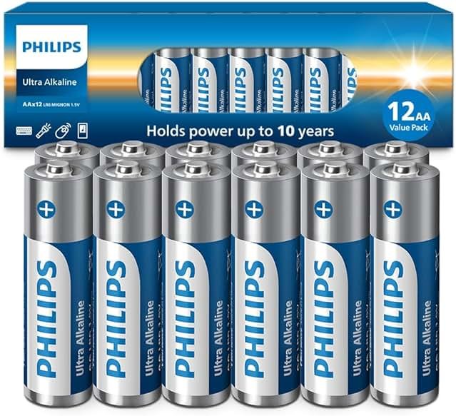 PHILIPS AA Batteries 12 Pack | 1.5v Ultra Alkaline Double A Battery | 132% More Power Then Industry Standard | Long-Lasting | 10-Year Shelf Life | Ideal for Indoor & Outdoor Use | Premium Performance. - Product Image