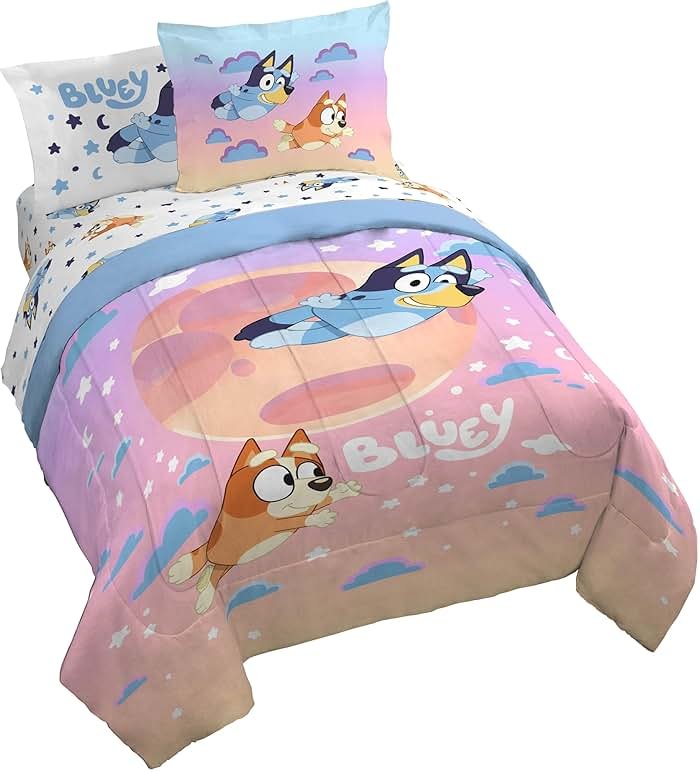 Jay Franco Bluey & Bingo Queen Comforter Set - 7 Piece Bedding Includes Sheet Set & Pillow Covers - Super Clouds & Stars Cozy Bedding - Product Image