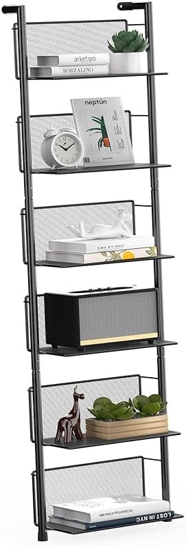 Docnest 6 Tier Ladder Shelf Wall Mounted, 47.6 Inch Metal Bookshelf Organizer, Modern Floating Shelves for Plants Books Home Decor, Black - Product Image