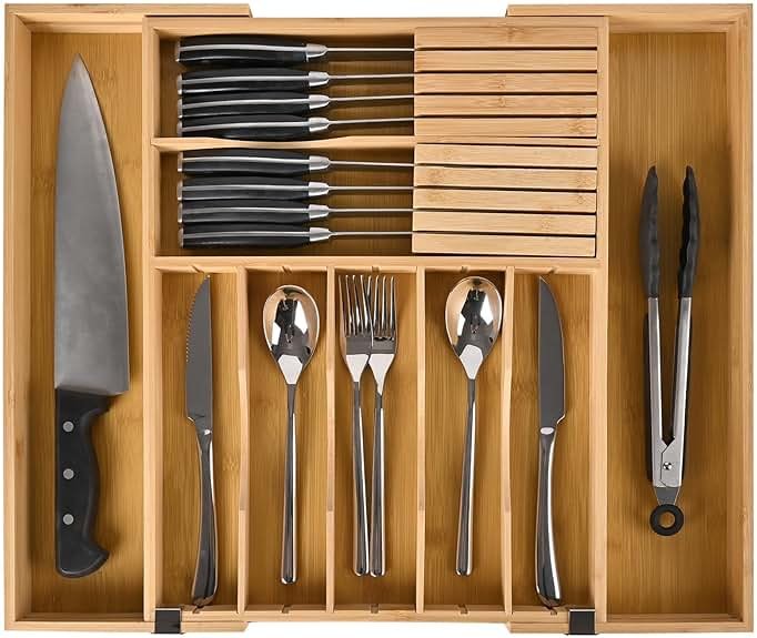 Silverware Organizer Expandable Bamboo Drawer Organizer with Non-Slip Stainless Steel Locking Clips, Kitchen Utensil Holder with Knife Block, Adjustable Cutlery Tray with Curved Grooves Dividers - Product Image