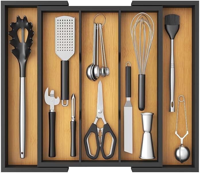 Lifewit Utensil Organizer for Kitchen Drawer, Expandable Cooking Utensil Tray, Cutlery Silverware Flatware Holder, Wood Adjustable Spatula Tools Storage Divider, 33 -56x38cm, Natural and Black - Product Image