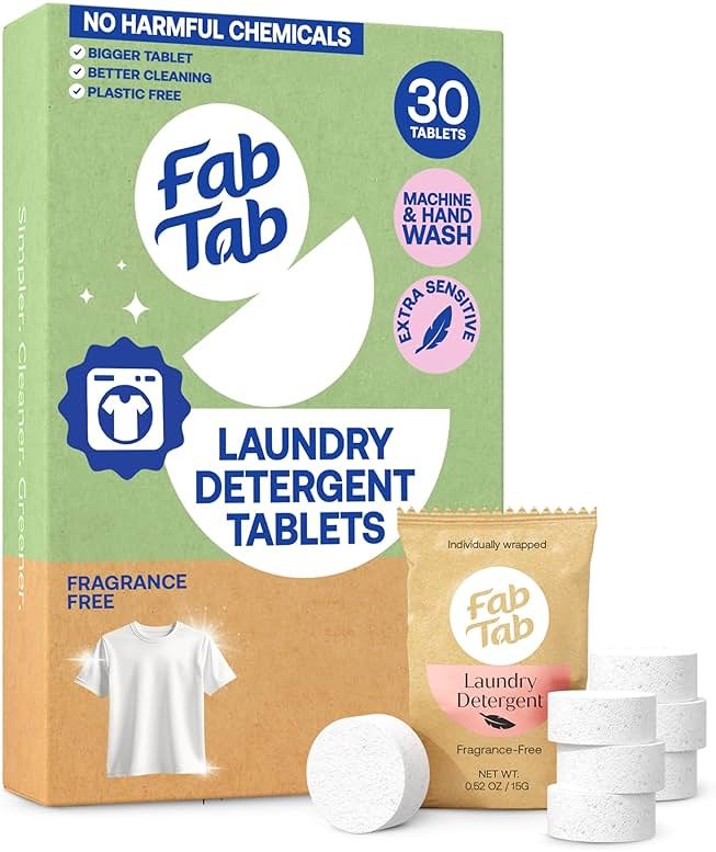 Fab Tab Laundry Detergent Tablets, Clean Ingredients, Sensitive Skin Friendly, Powerful & Gentle Clean, Unscented, Plastic-Free Alternative to Liquids, Laundry Pods and Sheets, 40 Count. - Product Image