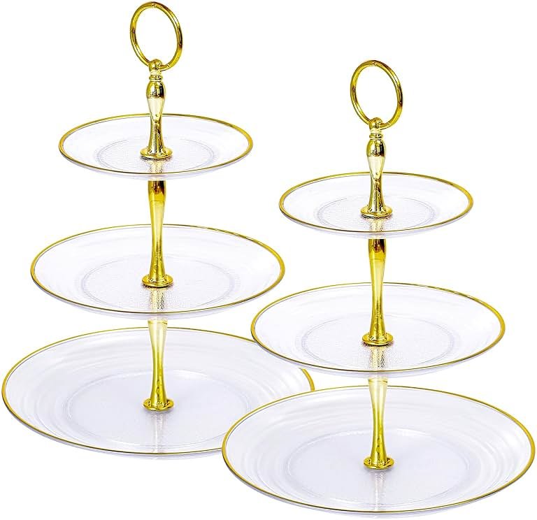 Soleebee 3-Tier Cupcake Stand, Round Plastic Tiered Serving Tray, Cup Cake Tower for Birthday Wedding Party Decoration, Cupcake Tier Stand Fruits Desserts Display 2 Pack (Clear Gold) - Product Image