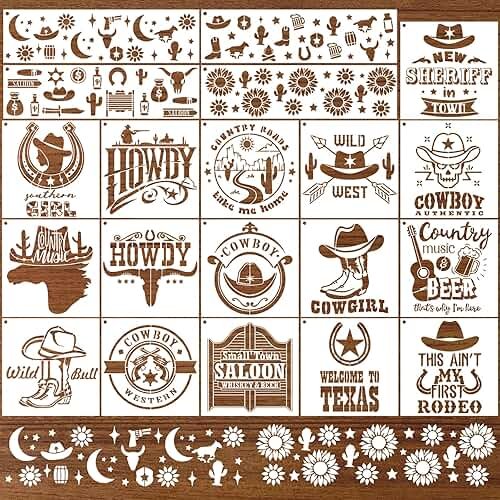AFRITEE Western Cowboy Stencils for Painting - 20 Pieces Small Landscape Longhorn Skull Reusable Stencils for Painting on Wood, Country Music Beer Drawing Template DIY Home Wood Fence Rock Decoration - Product Image