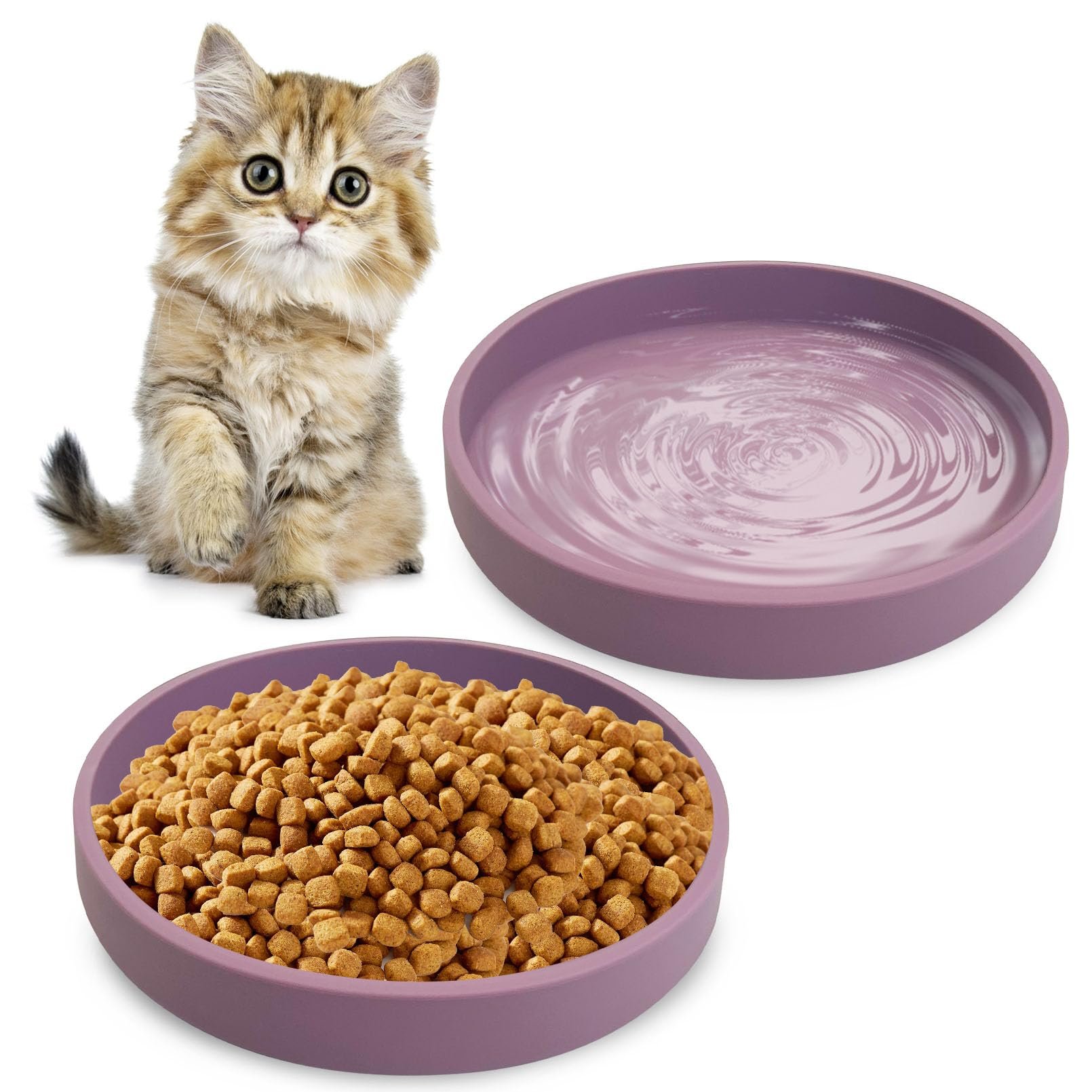 Apatal Silicone Cat Food Bowls Shallow Cat Dishes 5.9in Wide Pet Plates Set of 2 Small Flat Dog Saucer Bowl Cute Whisker Fatigue Kitten Feeding Dish for Dry & Wet Food (Round Purple) - Product Image