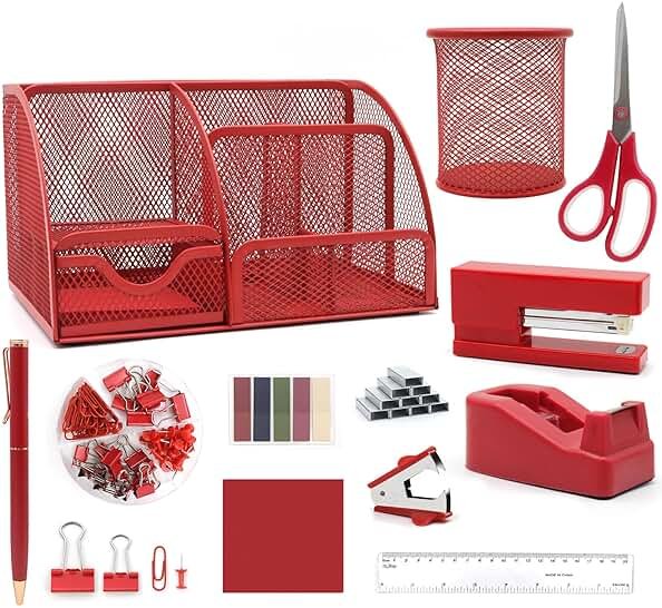 12 in 1 Red Desk Organizers and Accessories, Office Supplies Set Gifts for Coworkers, Office Supplies Include Stapler Pen Holder Tape Holder Staples Scissors Ruler Staple Remover for Home School - Product Image