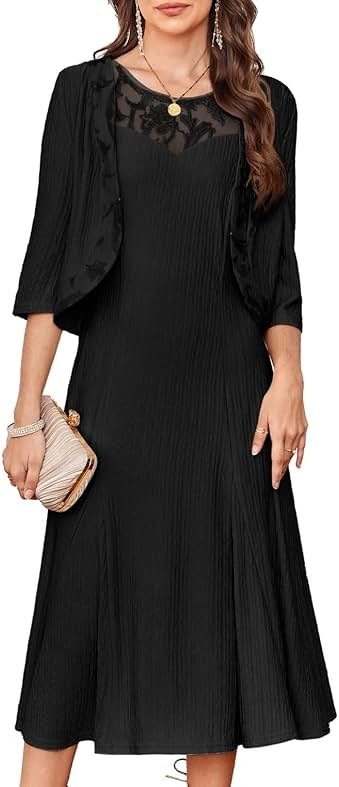 GRACE KARIN Mother of The Bride Dress - Wedding Guest Formal Evening Dress - Lace Sequins Midi Dress with Jacket - Product Image