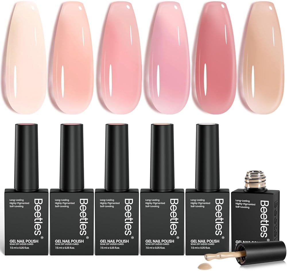 Beetles Nude Gel Nail Polish Set - 6 Colors Nude Pink Brown Neutral Jelly Gel Polish Kit Sheer Translucent Effect Soak Off UV Nail Art Design Drunken Rose Collection Manicure Gift for Women - Product Image
