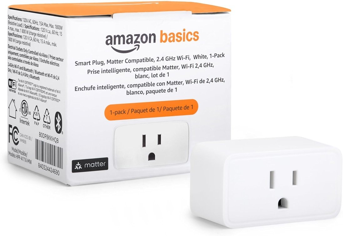 Amazon Basics Smart Plug, Matter Compatible, Compatible with Amazon Alexa, Google Home, Apple HomeKit, Voice Control, Control Appliances, Matter Hub Required, 2.4 GHz Wi-Fi Only, 1-Pack, White - Product Image