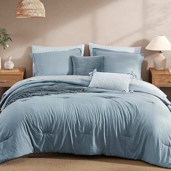 Monbix Queen Comforter Set - 7 Pieces Dusty Blue Prewashed Bed in a Bag Queen Bedding Sets with Comforters, All Seasons Ultra Soft Comforter Bed Set with Sheets,Pillowcases & Shams - Product Image