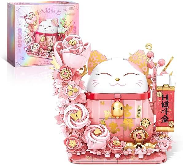 Lucky Cat Building Block Set, Compatible with Lego Cat, 868Pcs Cute Fortune Cat with Flowers Building Blocks, Christmas Birthday Creative Gift for Girls Boys Adult (Pink Cat) - Product Image