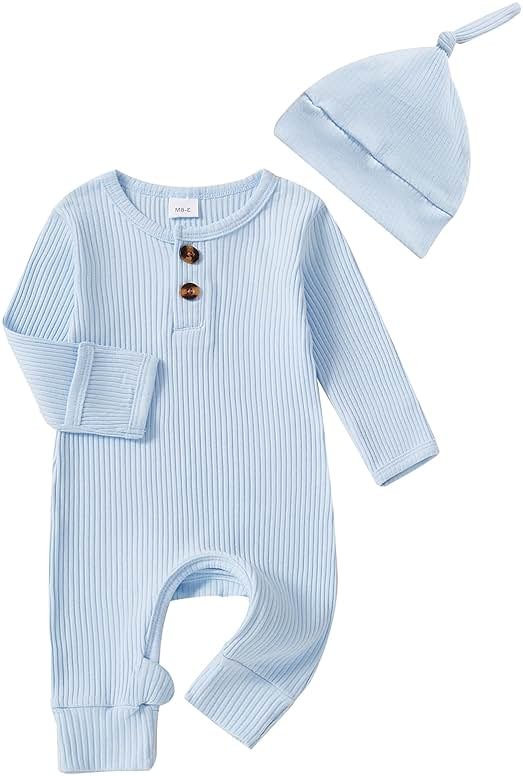 Infant Boys Girls Clothes Set Newborn Baby Romper Hat Ribbed Knit Long Sleeve Button Solid Bodysuit Jumpsuit - Product Image