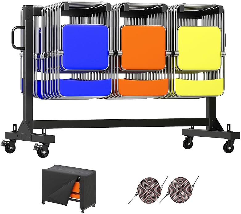 Specraft Folding Chair Rack and Table Cart for 12 Tables or 42 Chairs, 550 lbs Capacity, PU Wheels, Dust Cover, Elastic Cords, Black - Product Image
