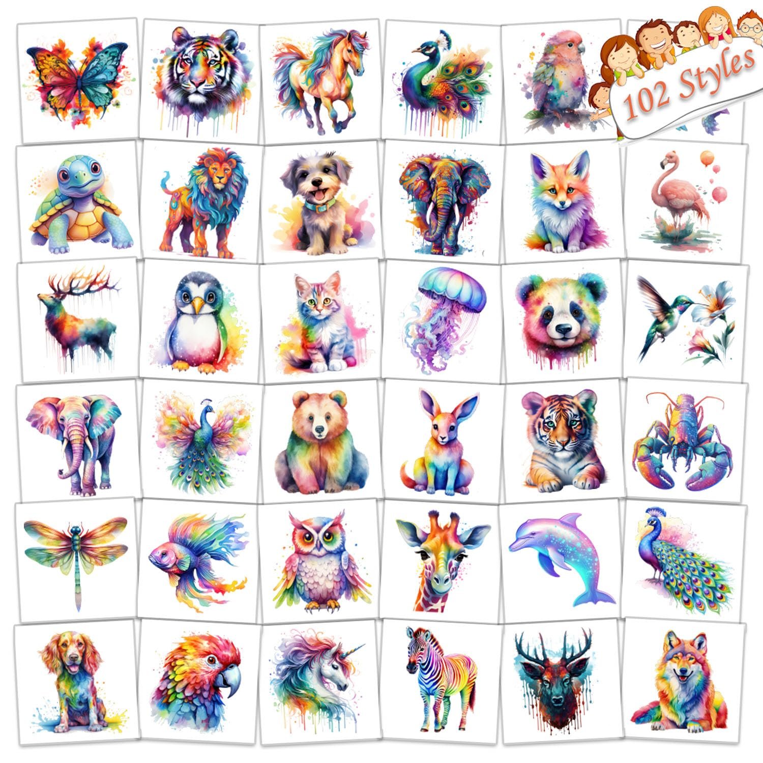 102 PCS Individually Wrapped Watercolor Animals Temporary Tattoo for kids - Cute Animals Temporary for Girls Boy Body Arm Shoulder Cute Tattoos Stickers, Birthday Party Supplies Gifts for Kids - Product Image