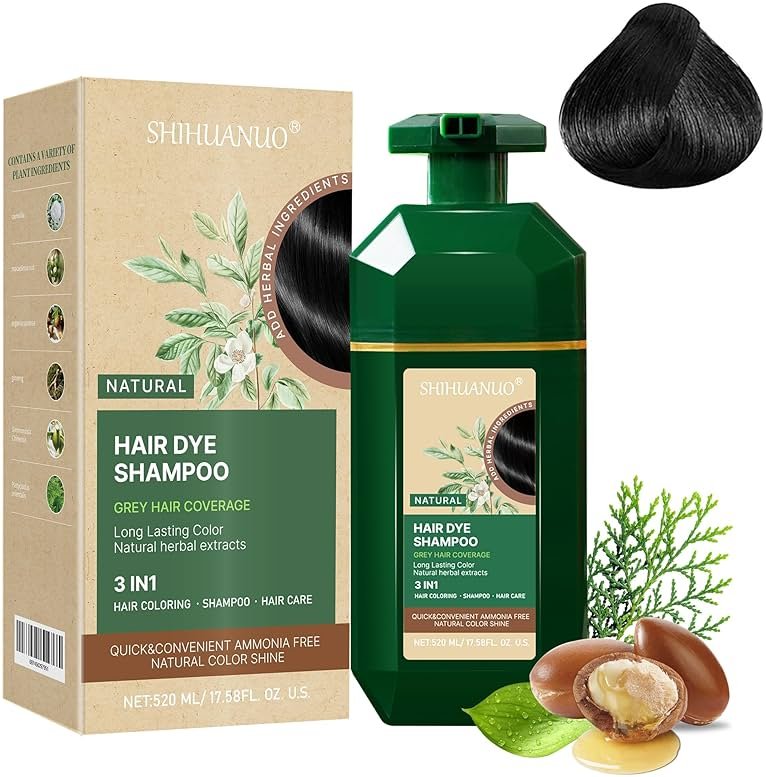SHIHUANUO Black Hair Dye Shampoo 3 in 1 for Gray Hair Coverage, Herbal Ingredients Natural Shampoo Black Hair Dye for Women & Men/Ammonia-Free 520ml - Product Image