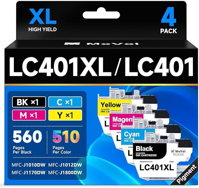 LC401XL MFC-J1010DW LC401 Ink Cartridges for Brother Printer LC 401XL 401 Ink Cartridge Compatible for MFC J1010DW MFC-J1170DW MFC-J1800DW MFC-J1012DW Series Printer (4-Pack, High Yield) - Product Image