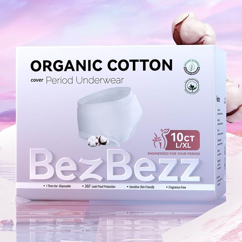 Organic Cotton Disposable Period Underwear for Women, Postpartum Diapers, Incontinence Pads for Sensitive Skin, Unscented, 360° Leakproof Panties Heavy Flow Overnight, Size L/XL, 10 Count - Product Image