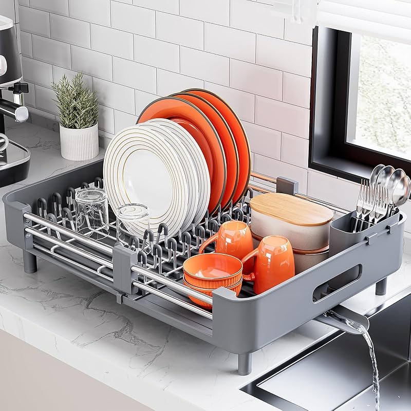 Urackify Stainless Steel Dish Drying Rack - Dish Drainer for Kitchen Counter, Extendable Drainboard with Foldable, Space-Saving Cup & Bowl Organizer, Includes Knife and Utensil Holder, Gray - Product Image