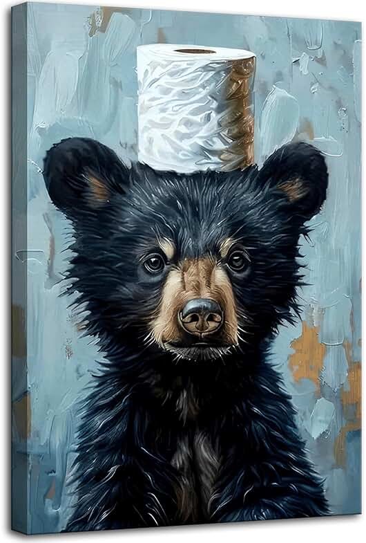 Funny Bathroom Bear Canvas Wall Art, Black Bear with Paper Poster Print Artwork, Humor Animal Painting Picture Wall Decor, for Kids Restroom, Cabin, Bathroom, Home Decoration, 12x16in - Product Image