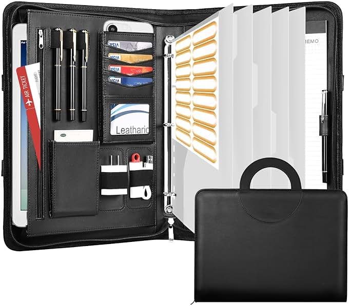 Leathario Portfolio Binder, Includes 5 Folder Index Dividers, 13 Inch Tablets Organizer with Handle, Vegan Leather A4 Padfolio, Multi-Pocket Notepad Business Planner Professional Document - Product Image