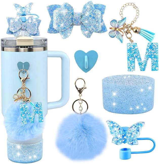 Rabrgab 6Pcs Blue Stanley Cup Accessories Set - Butterfly Straw Topper Cover Cap, Bling Bow for Straw, Sparkly Silicone Boot, Letter Charm and Pompom for Stanley Cups Tumbler 40Oz 30Oz 20Oz M - Product Image