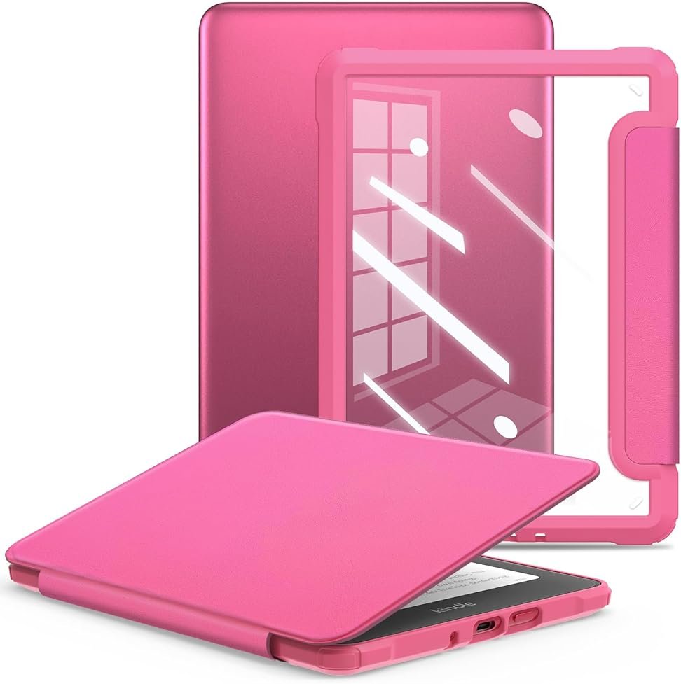 E NET-CASE Case for 7" Kindle Paperwhite 12th Gen 2024 Released & Kindle Colorsoft (1st Gen.2024/2025),Clear Back Shell Durable PU Leather Cover with Auto Sleep Wake,Raspberry - Product Image