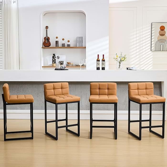 FIRAVOE Bar Height Stools Set of 4, PU Leather Barstools Modern Counter Stools with Back and Thickened Metal Legs, Bar Chairs for Kitchen Island (Caramel Brown, 4Pcs 26" Counter Stools) - Product Image