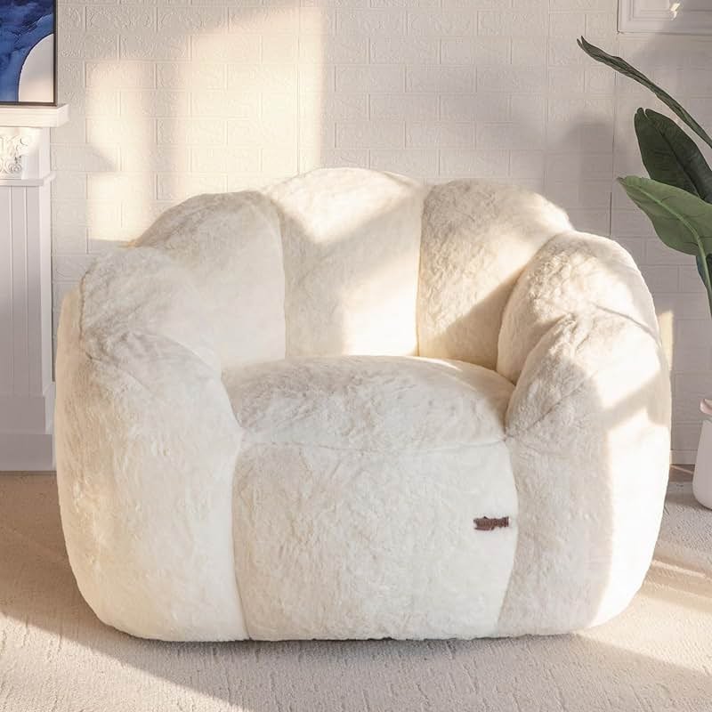 MAXYOYO Bean Bag Chair for Adults, Floral Shaped Bean Bag Sofa, Ultra Soft Faux Fur Floor Sofa, Large Reading Chair for Living Room Bedroom, Beige, Single - Product Image