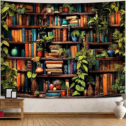 Accnicc Botanical Bookshelf Tapestry Lush Green Plant Book Shelf Tapestries Wall Hanging Art Vintage Retro Potted Plants Academics Library Book Tapestry for Bedroom Living Room Dorm 80 x 60 inch - Product Image