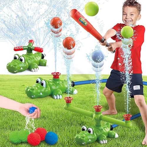 Intoypad 4-in-1 Kids Water Sprinklers T Ball Set & Water Ball Toy, Crocodile Baseball Sprinkler for Backyard Outdoor Summer Toys for Boys Girls Outside Yard Water Game Toys for Kids Toddlers Ages 3-8 - Product Image