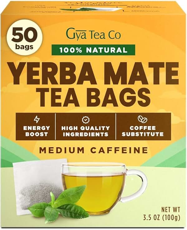 Gya Tea Co Yerba Mate Tea Bags (50 Bags) - Caffeinated with a Smooth Flavor for Workday - Recharge Yourself with Every Sip - Fruit & Herbal Blends - Product Image
