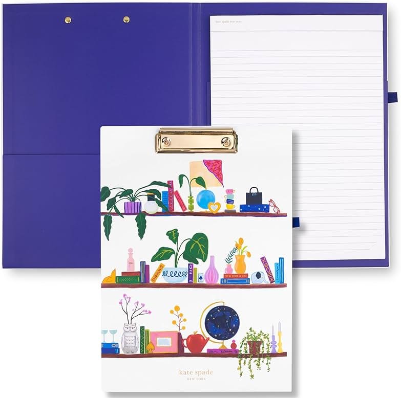 kate spade new york A4 Clipboard Folio with Low Profile Clip, Professional Padfolio Includes Lined Notepad, Pen Loop, and Pocket, Charmed Library - Product Image