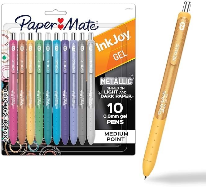 Paper Mate InkJoy Gel Pens, Metallic, Retractable, Medium Point (0.8mm), Glittery Assorted Colors, 10 Count - Arts & Crafts, Doodling, Writing, Bullet Journaling - Product Image