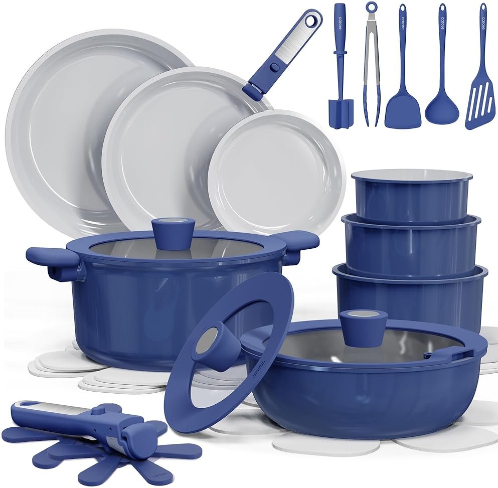 CAROTE 27pcs Ceramic Cookware Set Nonstick, Pots and Pans Set Non Stick, Non Toxic Cookware Detachable Handles, Dishwasher/Oven Safe, RV/Camping Cookware with Kitchen Utensils, Blue - Product Image