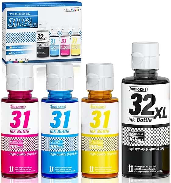 31 32XL Ink Bottle Set Refill for HP Smart Tank 7600 7602 7300 7301 7001, 5000 5101 5102, 6000 6001 651 551 Printer. Black CMY - Product Image