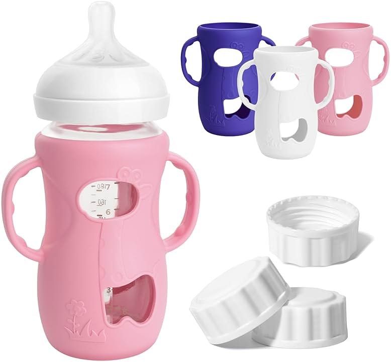 3 Pack Silicone Sleeves for Philips Avent Natural Glass Baby Bottle, Food Grade Silicone Cover and 3pcs Travel Caps, Lids Replacement (White+Pink+Purple, 8oz) - Product Image