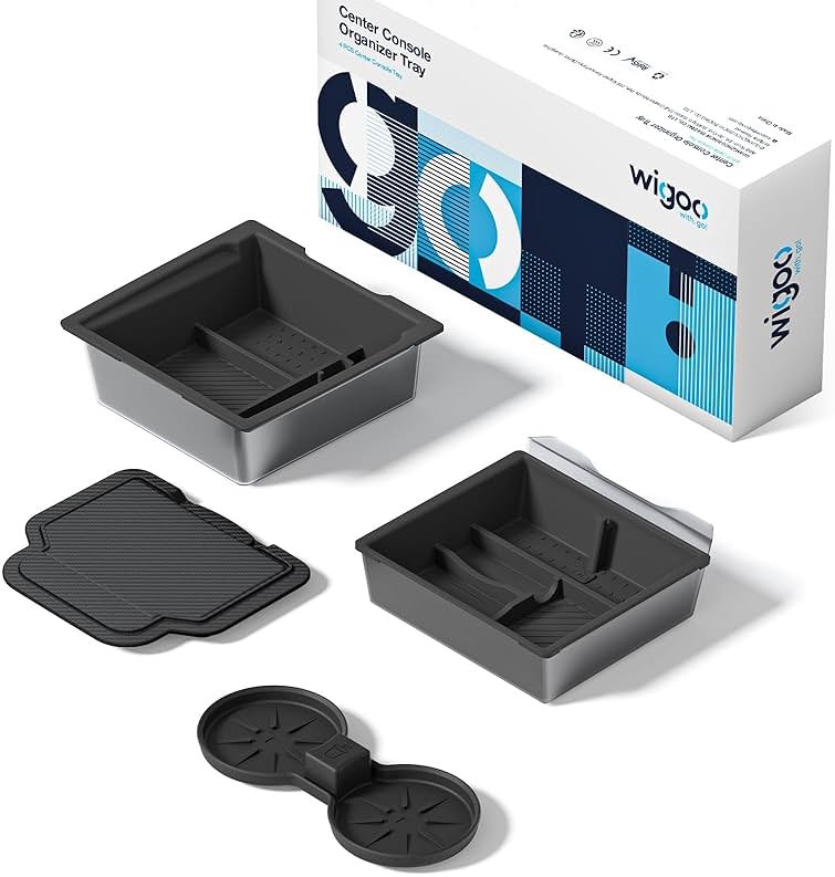 Wigoo Center Console Organizer for Tesla Model Y Juniper (Only Premium & Performance 2025 2026) and All Model 3 Highland Accessories [Double-Layer Storage, Smooth Sliding] 4PCS Black - Product Image