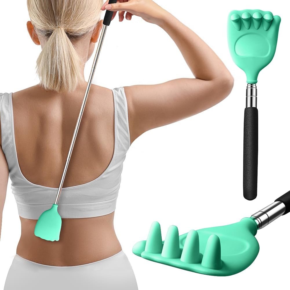 HIWZZI Back Scratcher Extendable Silicone Bear Claw Massager Tool Telescoping Stocking Stuffers for Itches Lotion Application Spa Men Women Kids Adults Baby the Disabled Green - Product Image