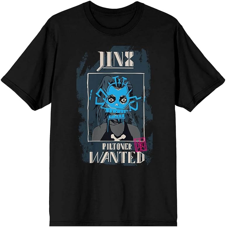 League of Legends Arcane Puff Print Jinx Wanted Poster Adult Black Crew Neck Short Sleeve T-Shirt - Product Image