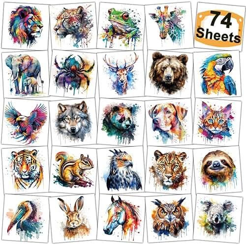 CHARLENT Watercolor Safari Animals Temporary Tattoos for Kids Party Supplies - 74 Individually Sheets Animals Tattoos for Boys Girls Birthday Party Favors - Product Image