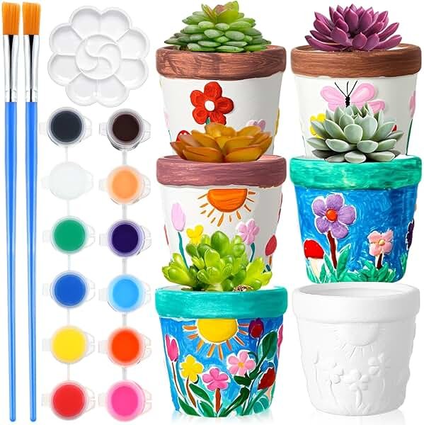 Pasimy 6 Set Ceramics to Paint DIY Ceramic Succulent Planter Pots Paint Your Own Flower Pots Craft Kit Unpainted Bisque Flowerpot with Brush Palette for Family Activity Holiday Gifts(Classic) - Product Image